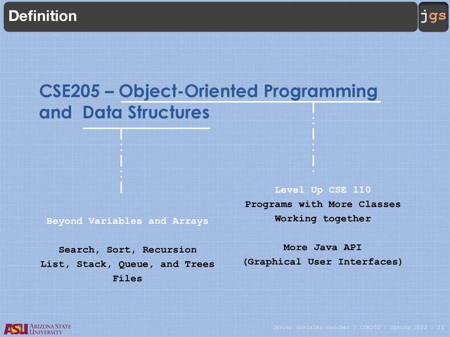 Javier Gonzalez-Sanchez | CSE205 | Spring 2022 | 21
jgs
CSE205 – Object-Oriented Programming
and Data Structures
Definition
Level Up CSE 110
Programs with More Classes
Working together
More Java API
(Graphical User Interfaces)
Beyond Variables and Arrays
Search, Sort, Recursion
List, Stack, Queue, and Trees
Files
