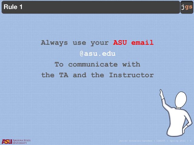Javier Gonzalez-Sanchez | CSE205 | Spring 2022 | 4
jgs
Rule 1
Always use your ASU email
@asu.edu
To communicate with
the TA and the Instructor
